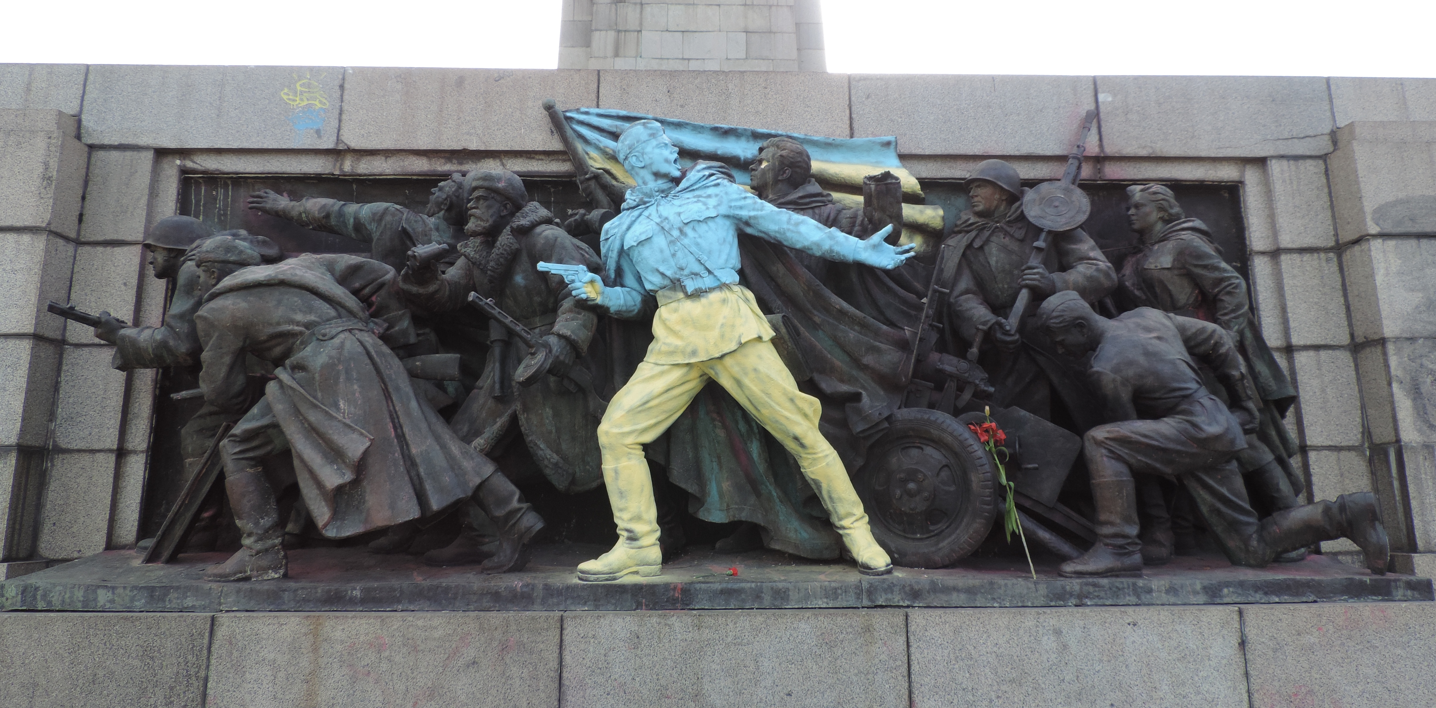 The Sofia Monument to the Soviet Army painted in the colors of the Ukrainian flag din support of the 2014 Ukrainian Revolution.