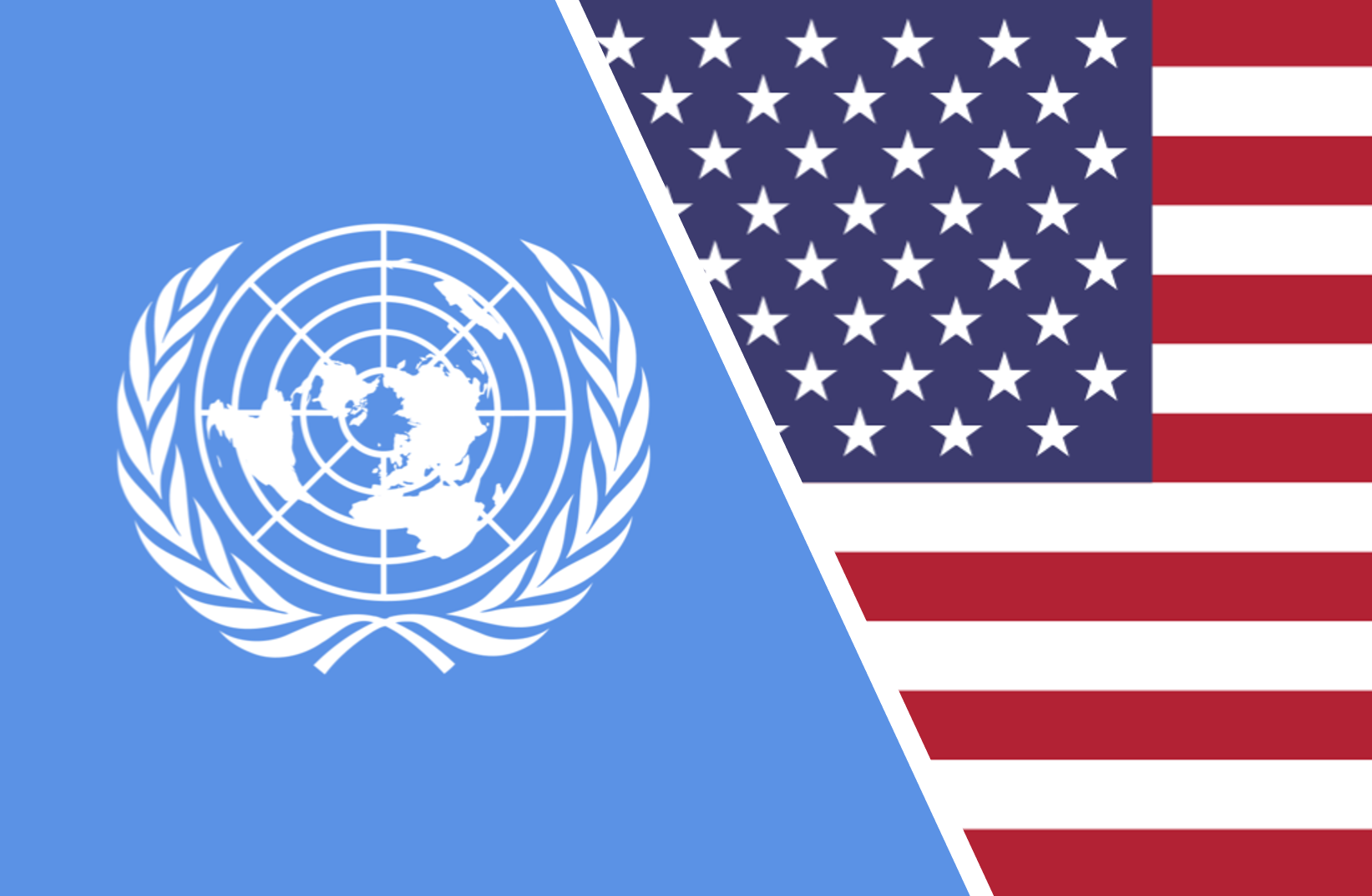 On the left, the flag of the United Nations. On the right, the flag of the United States of America.