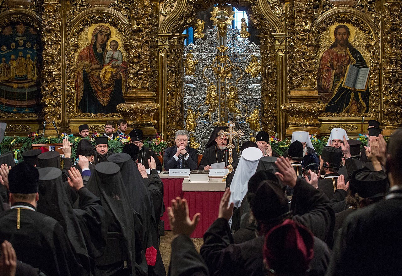 The Unification Council of Orthodox Church in Ukraine. Former Ukrainian President Petro Poroshenko sits on the far left next to representatives of the three Ukrainian Orthodox Churches, 2018.