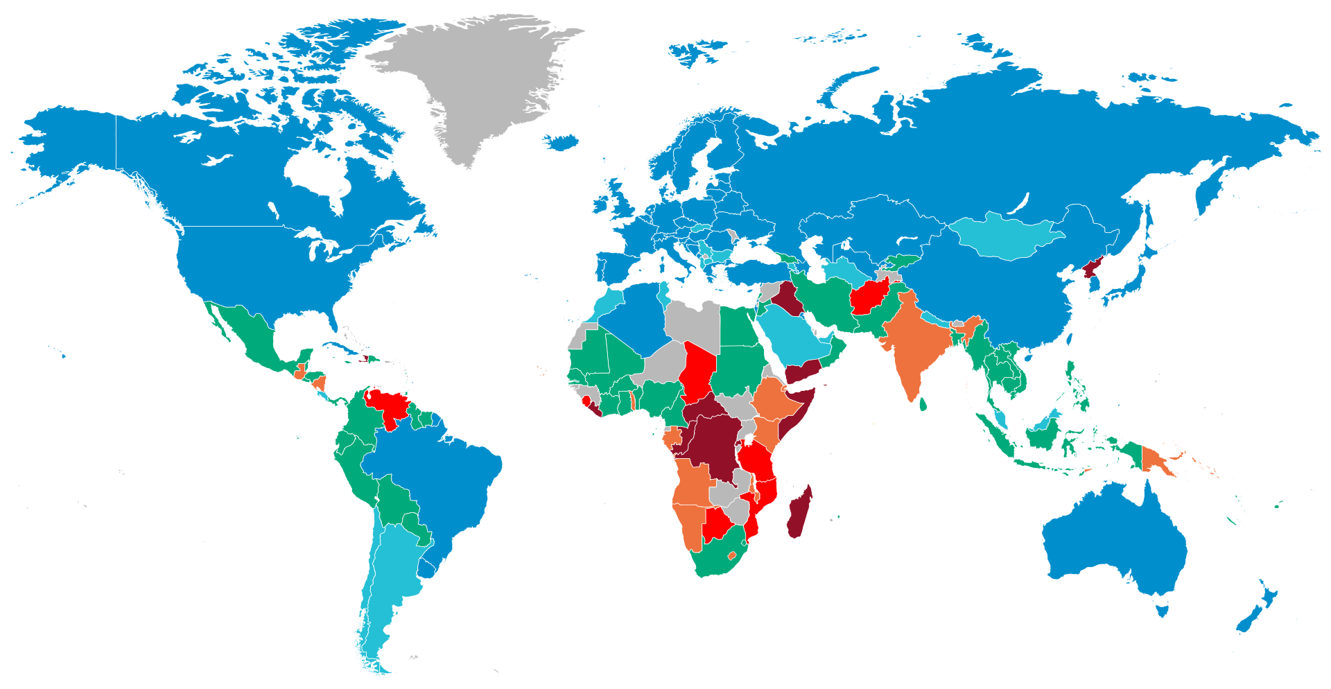 The percentage of population suffering from hunger in 2021 according to the World Food Programme with blue being the lowest and dark red the highest percentage. 