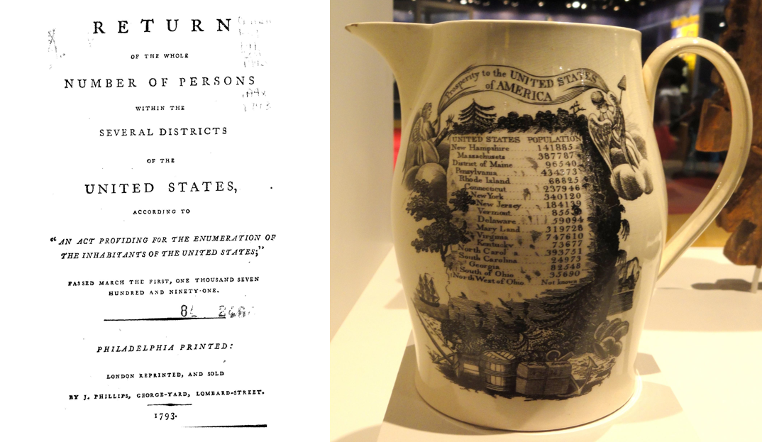 Title page of the first United States Census (left). A commemorative pitcher with the results of the 1790 census (right).