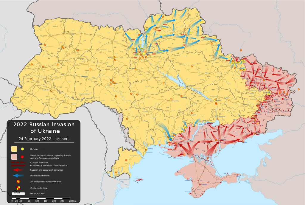 Map of the situation in Ukraine as of June 7, 2022. Yellow represents territory held by Ukrainian forces and red represents Russian held territory.