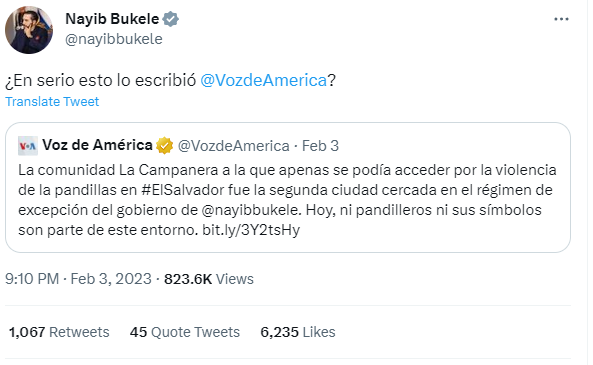 Nayib Bukele responds to a news article by Voz de América about La Campanera, neighborhood of El Salvador asking "¿En serio esto lo escribió?" In English, "Did you seriously write this?"