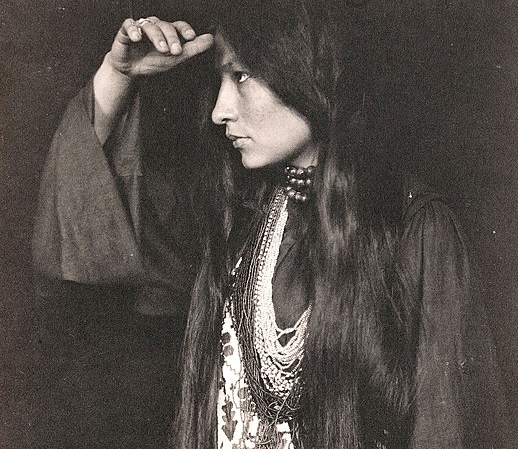 Zitkála-Šá, also known as Gertrude Bonnin, in 1898. A Dakota woman allotted on the Yankton Sioux Reservation in South Dakota and attended White's Indiana Manual Labor Institute boarding school in Indiana. She became a noted Native American rights advocate and suffragette.