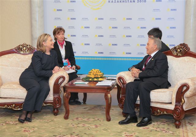 U.S. Secretary of State Hillary Rodham Clinton meets with Kazakh President Nursultan Nazarbayev at the OSCE Summit in Kazakhstan, 2010.