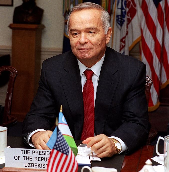 Uzbekistan President Islam Karimov meets with Secretary of Defense Donald Rumsfeld in the Pentagon, 2002.
