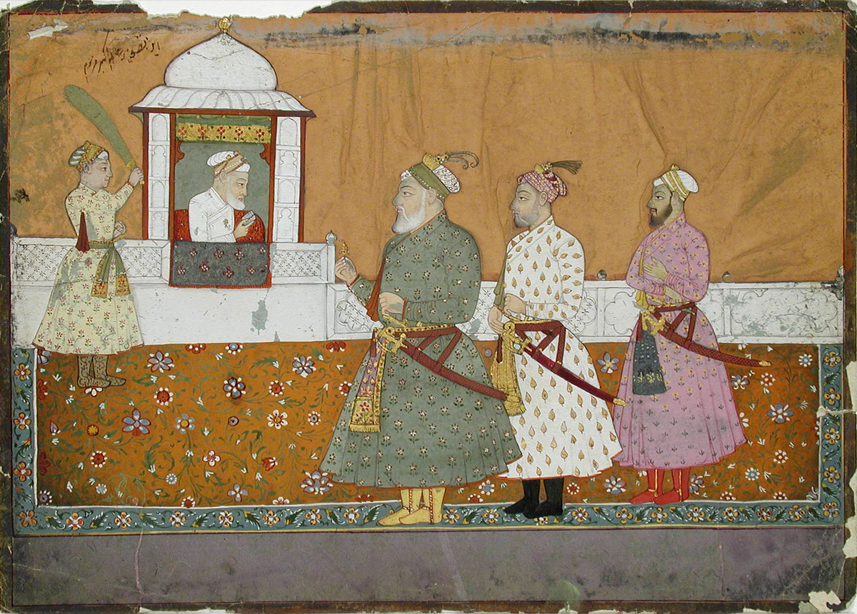 Aurangzeb in a pavilion with courtiers below.