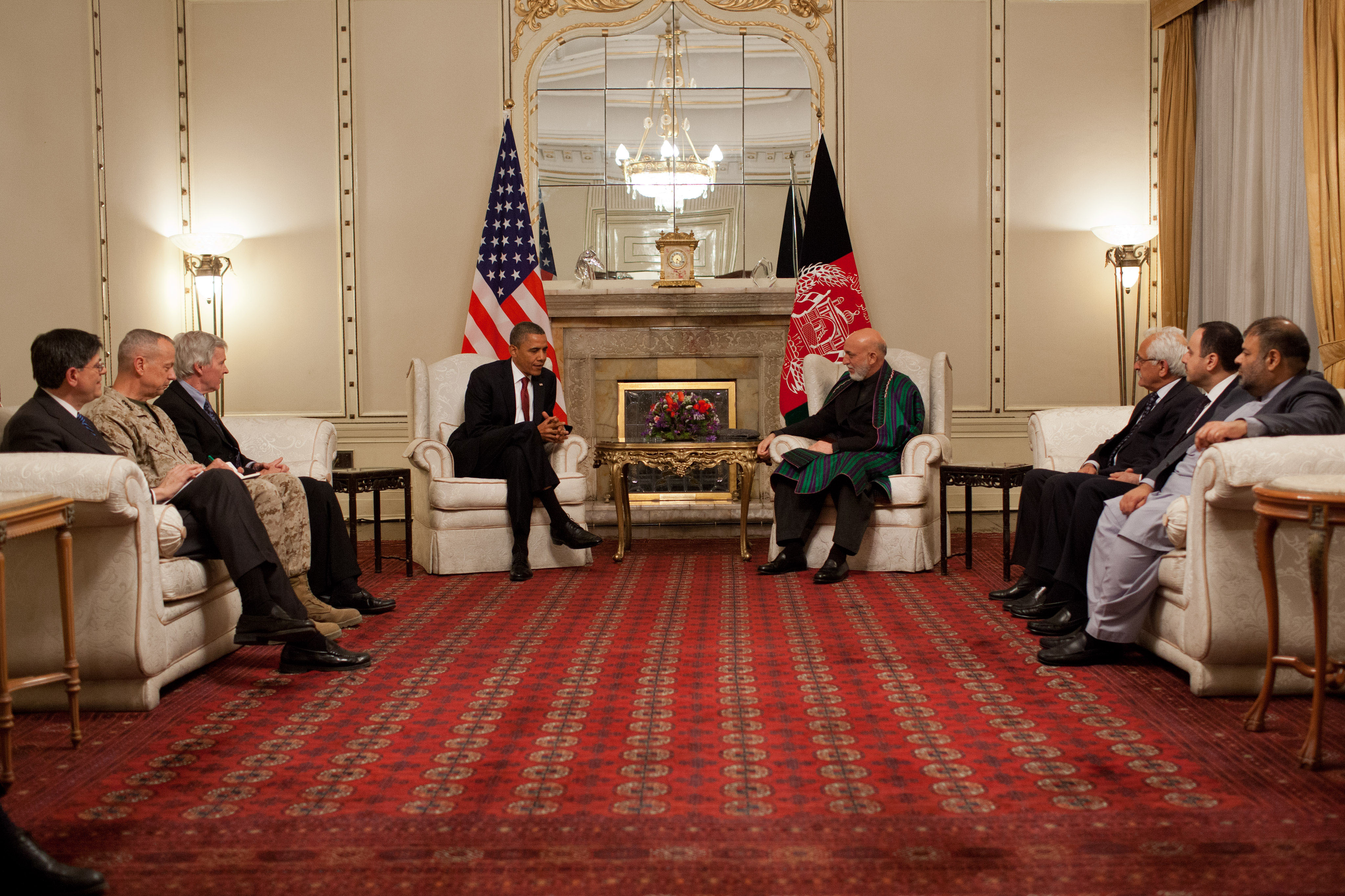 U.S. President Barack Obama meets with Afghan President Hamid Karzai in Kabul, Afghanistan, 2012.