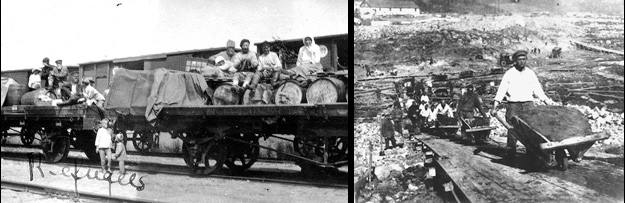 Refugees fleeing the Civil War (left), and prisoners working at Belbaltlag, a camp for building the White Sea-Baltic Sea Canal (from the 1932 documentary film Baltic to White Sea Water Way, Central Russian Film and Photo Archive) (right).