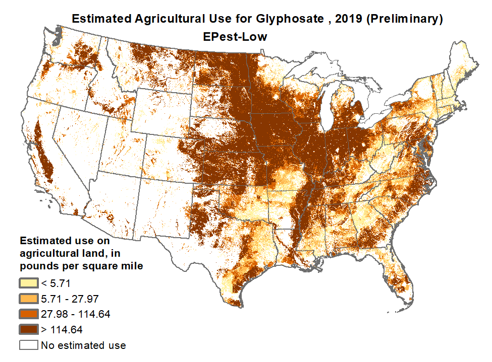 Use of glyphosate by area, year, and crop. Glyphosate has been the most widely used herbicide in the United States since 2001. United States Geologic Survey. Use of glyphosate by area, year, and crop. Glyphosate has been the most widely used herbicide in the United States since 2001. United States Geologic Survey. 