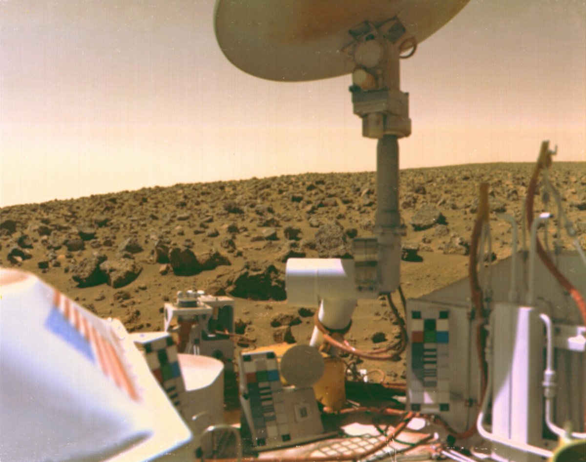   View of the rocky horizon taken from Viking 2 after landing on Mars in September, 1976.