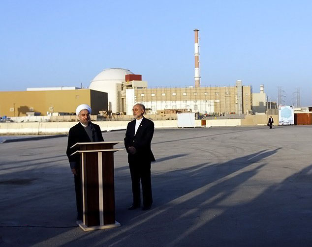 Iranian President Hassan Rouhani and Head of the Atomic Energy Organization of Iran (AEOI) Ali Akbar Salehi at Bushehr Nuclear Plant in 2015.