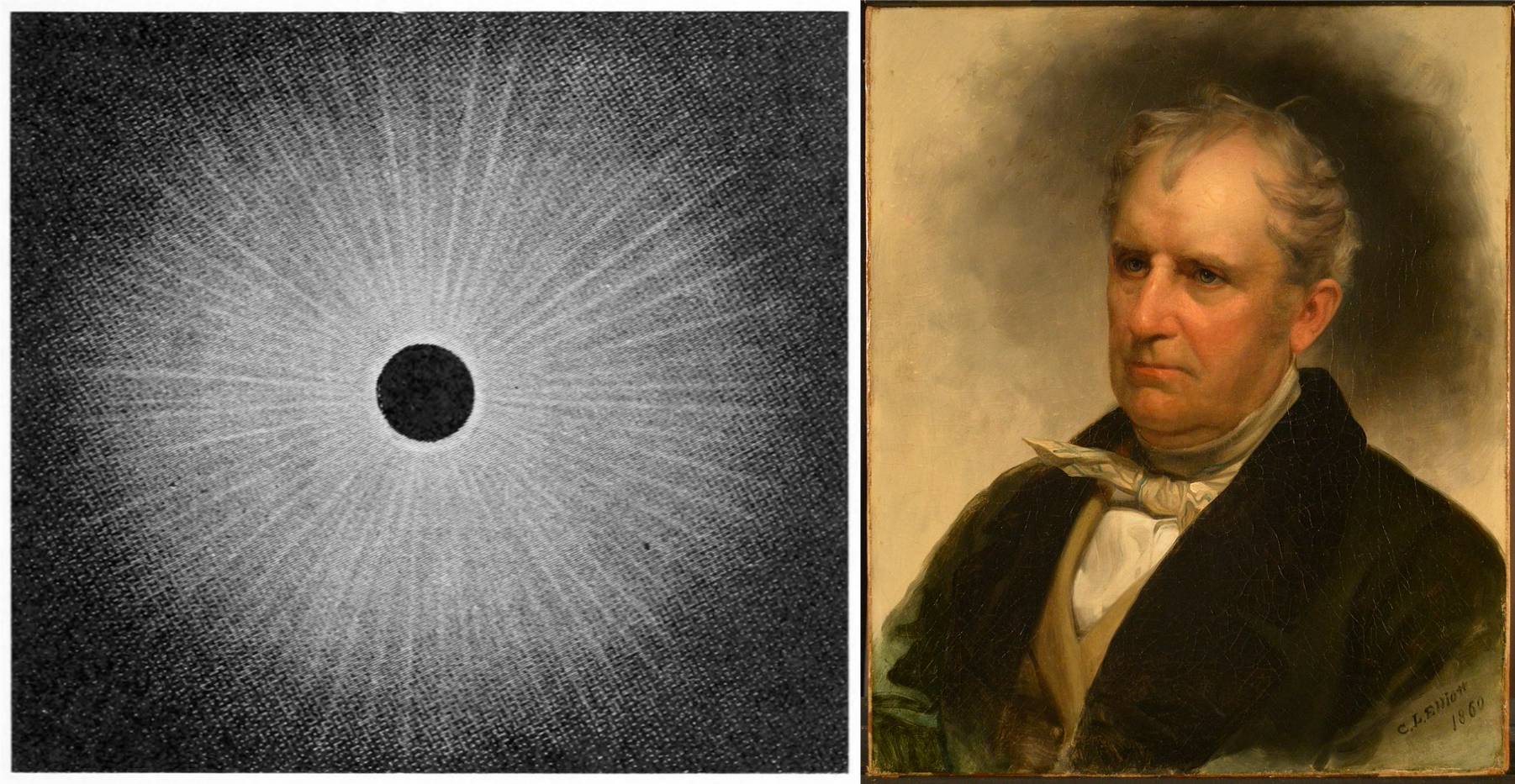 Illustration of the Sun's corona as seen during the Solar eclipse of June 16, 1806 (left).Portrait of James Fenimore Cooper, 1860 (right).