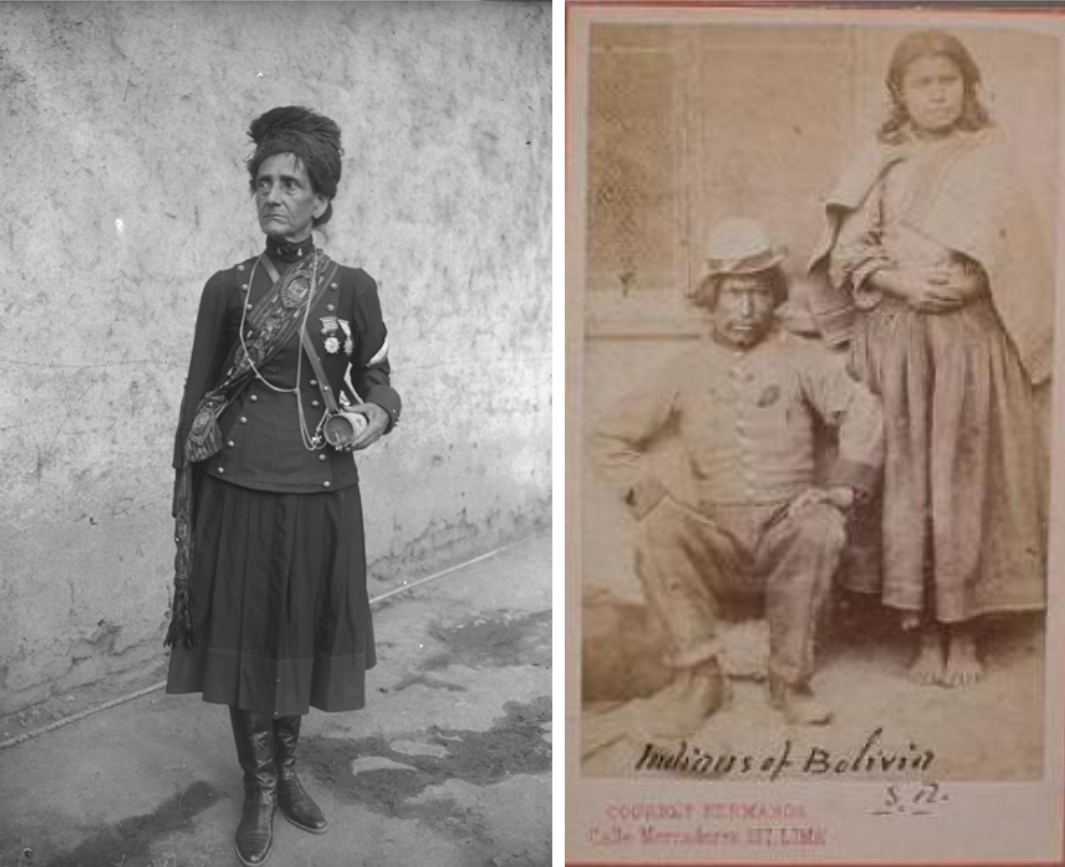 Portrait of Josefa del Carmen Herrera. She belonged to the 4th Line Regiment, veteran of the War of the Pacific. Photographer unknown. Ca. 1884. Museo Histórico Nacional (Chile), PFB-991. (left) Aymara-Bolivian couple, soldier and rabona. Courret Brothers (ca. 1879). (right)