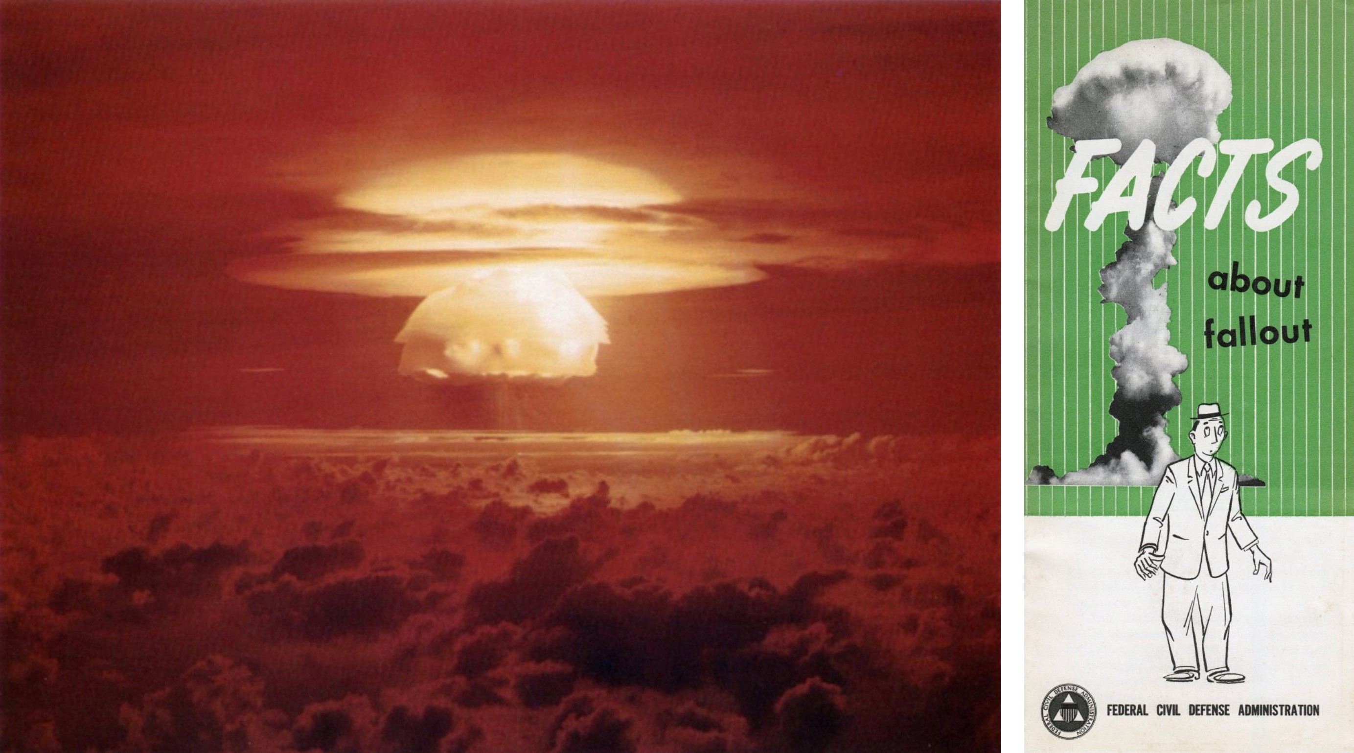 On the left, the detonation of the Castle Bravo thermonuclear bomb. On the right, the informational survival pamphlet 'Facts about Fallout.'
