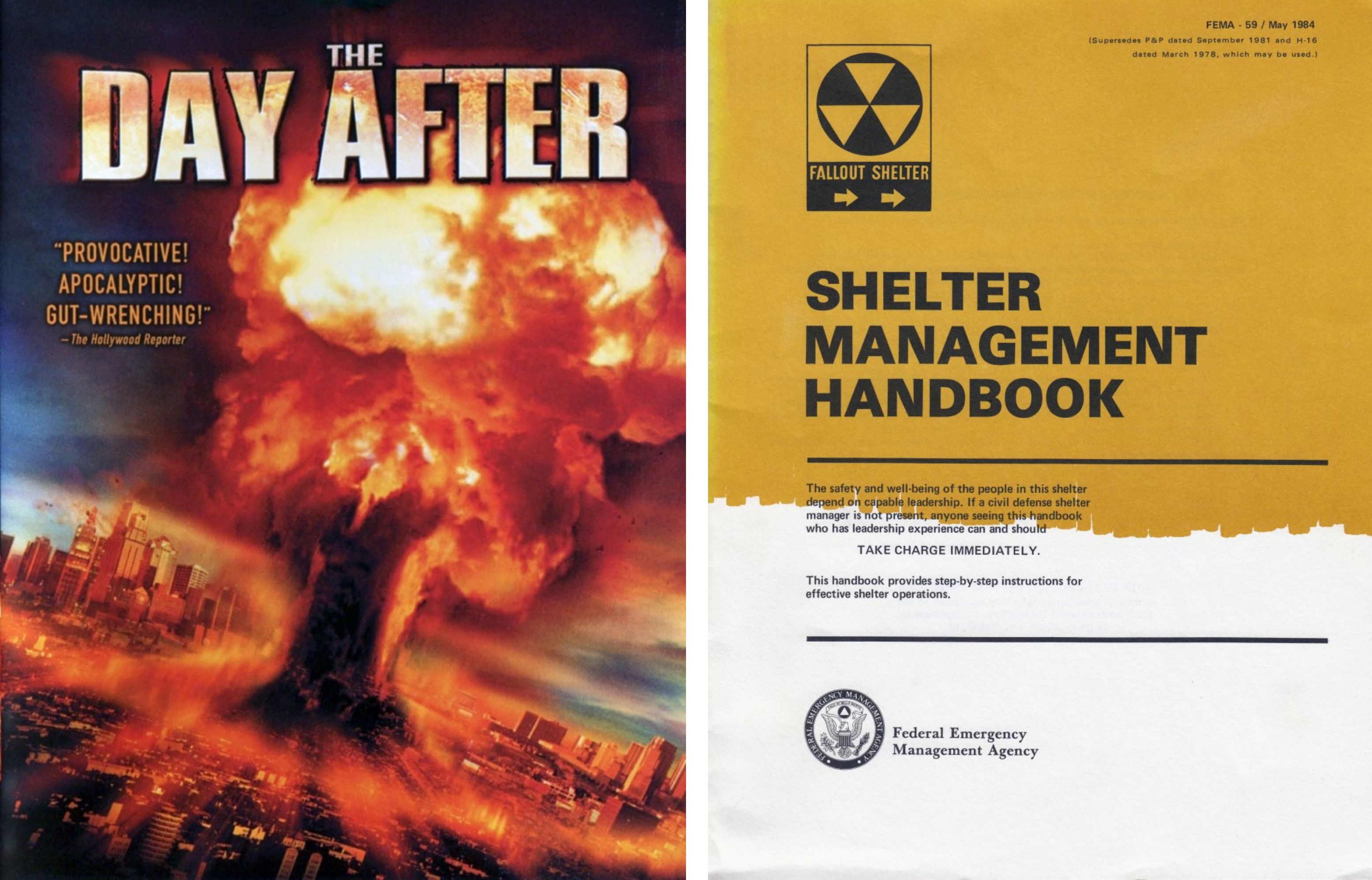 On the left, DVD cover image of the 1983 film 'The Day After.' On the right, the Shelter Management Handbook.