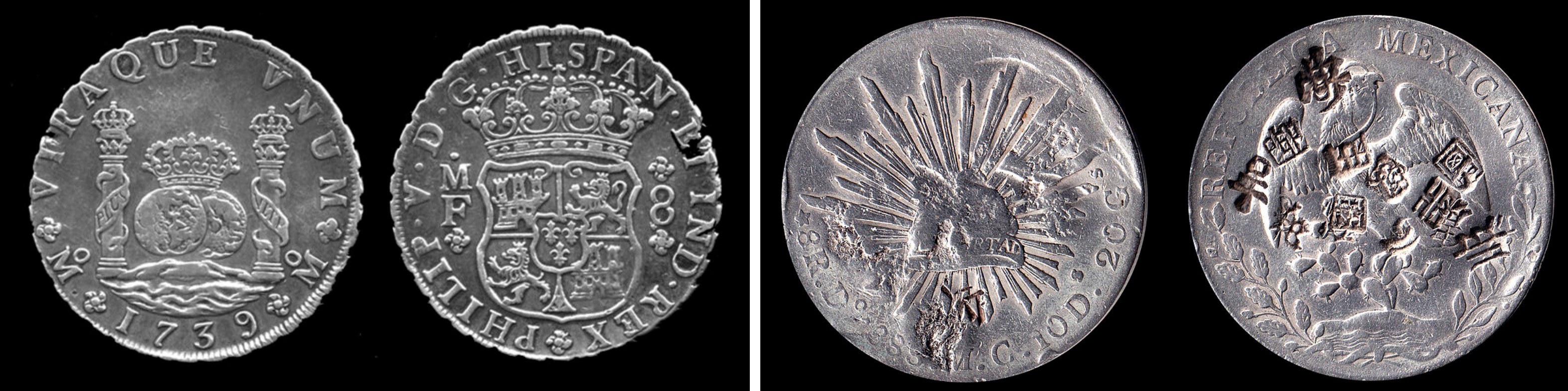 On the left, a silver peso of Philip V of Spain. On the right, 1888 'Trade Coins' from Mexico.