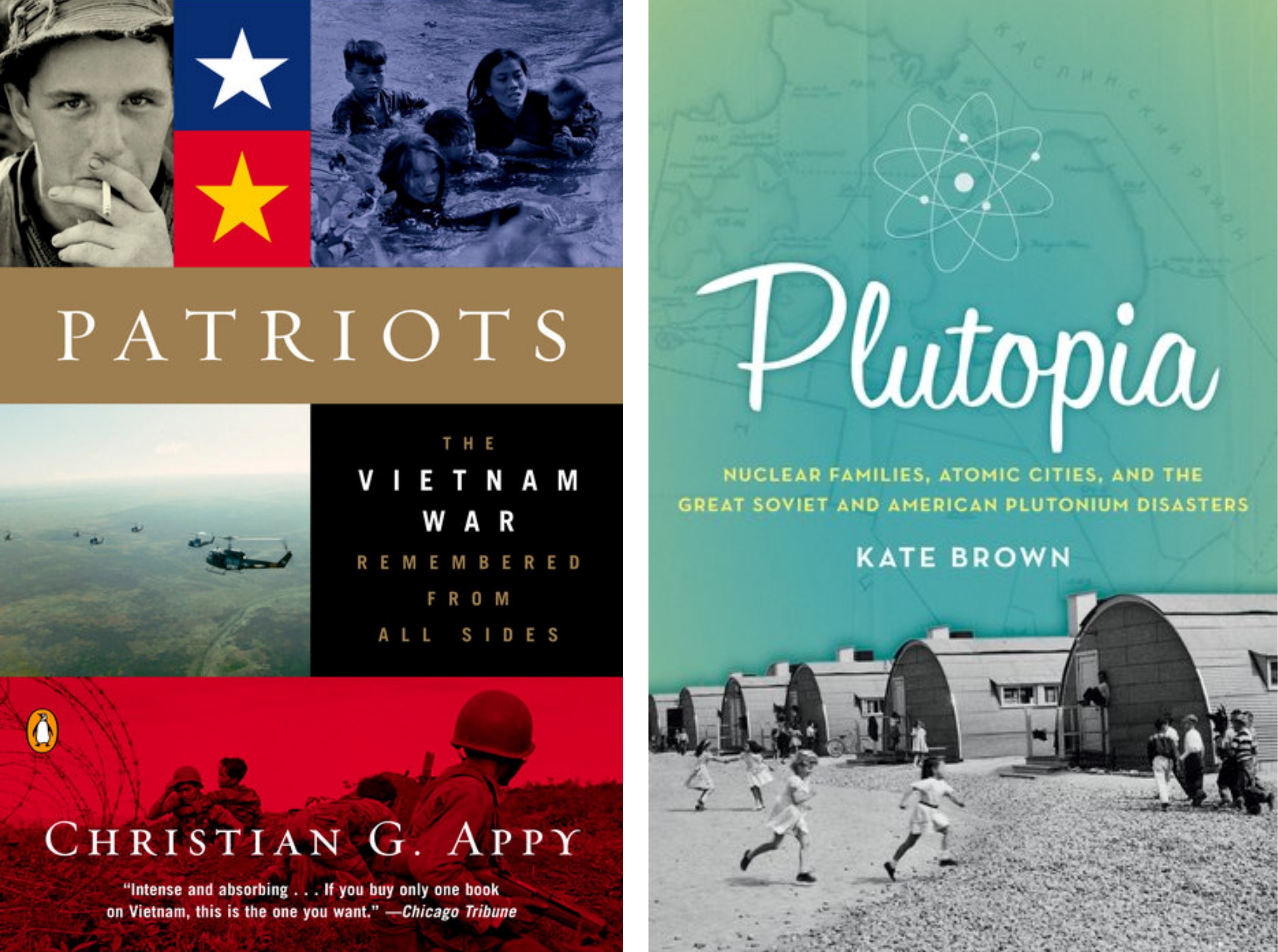 On the left, the cover of 'Patriots.' On the right, the cover of 'Plutopia."
