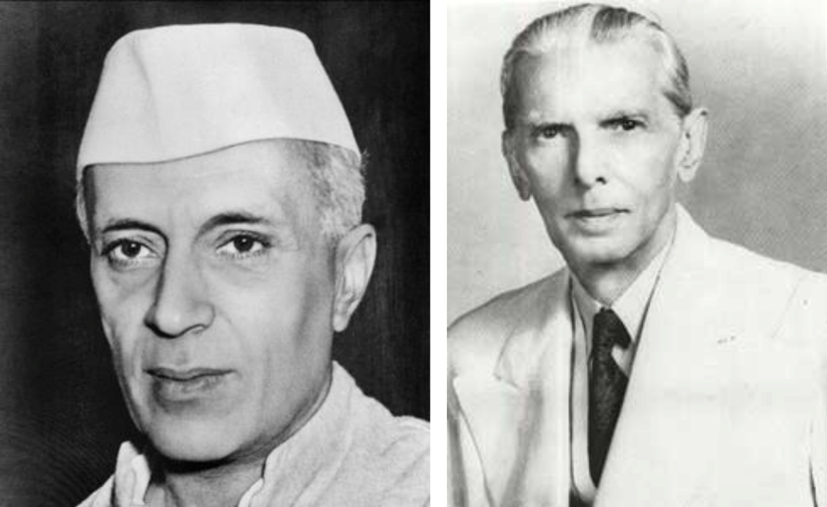 On the left, Jawaharlal Nehru. On the right, Muhammad Ali Jinnah.