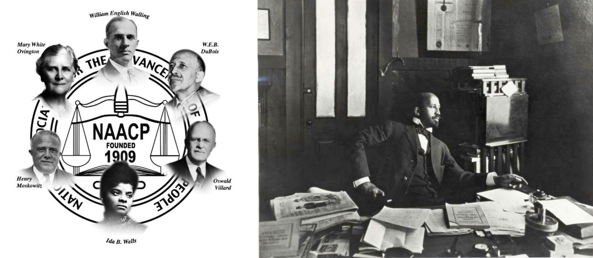 On the left, the founders of the NAACP. On the right, Du Bois in his office at The Crisis.