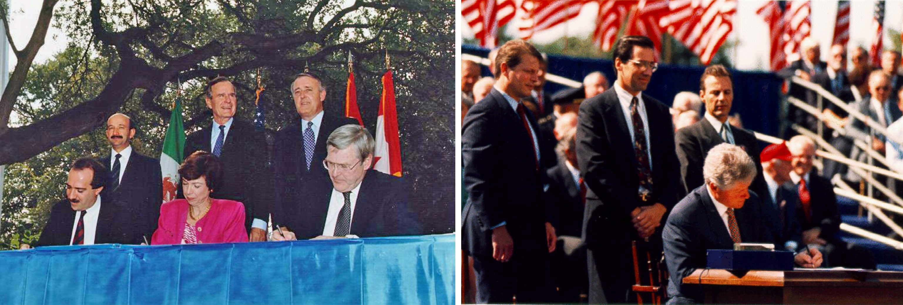 On the left, signing of the draft of the North American Free Trade Agreement. On the right,  President Bill Clinton signing NAFTA into law.