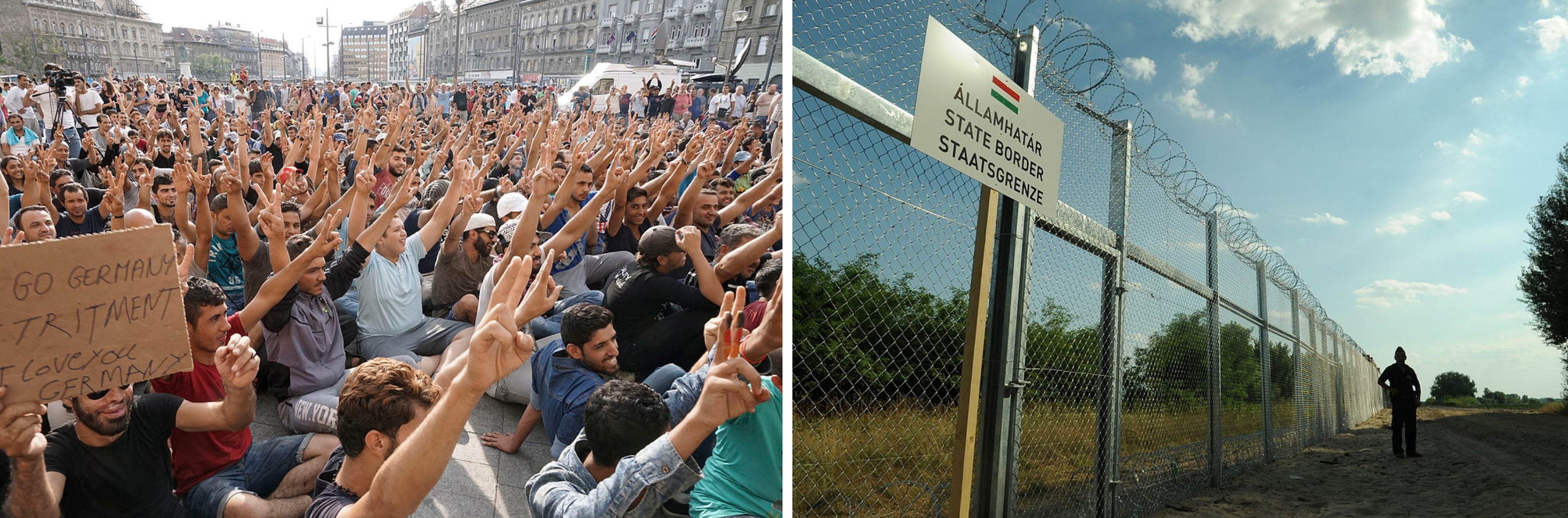 On the left, striking refugees at a railway station in Budapest. On the right, border fence between Hungary and Serbia.