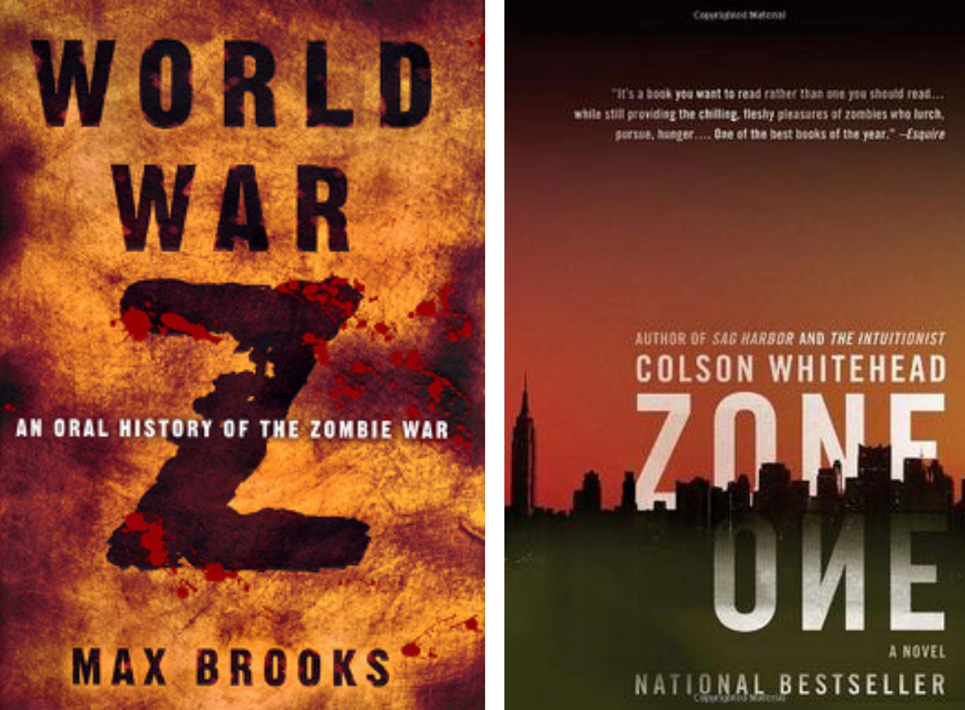 Covers of the 2006 book World War Z by Max Brooks (left), and 2011 book Zone One by Colson Whitehead (right).