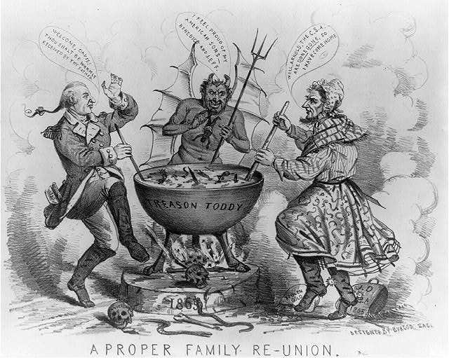 A cartoon that shows Confederate president Jefferson Davis celebrating by dropping enslaved African Americans into a caldron alongside his “father” the devil and his “brother” Revolutionary War traitor Benedict Arnold