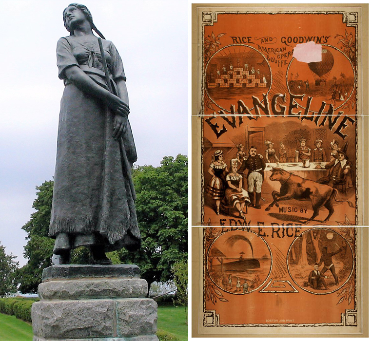 A statue devoted to Evangeline in Grand Pré, Nova Scotia (left) and a theatrical poster advertising an 1878 production of Evangeline, or The Belle of Acadia, in Boston (right).