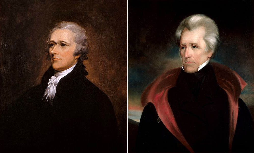 Alexander Hamilton (left) and Andrew Jackson (right).