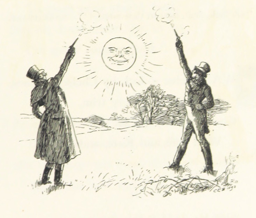 A British illustration of two duelists shooting into the sky to complete an unwanted duel with honor (1893).