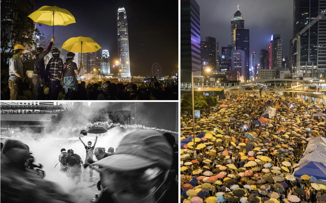 At the top, protesters overlooking the crowd in November 2014. At the bottom, police dispersing demonstrators with tear gas in October 2014. On the right, thousands gathered on the thirty-first day of protest in October 2014.