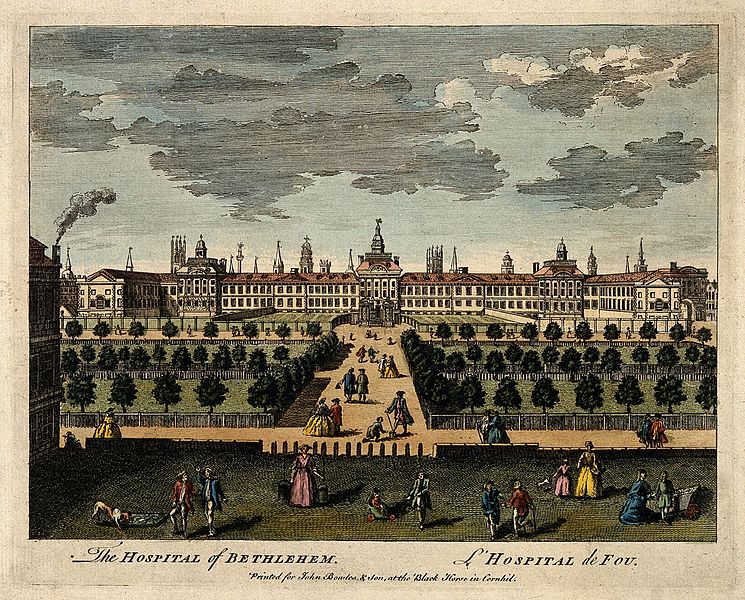 An engraving of Bethlem Royal Psychiatric Hospital in London, England around 1750