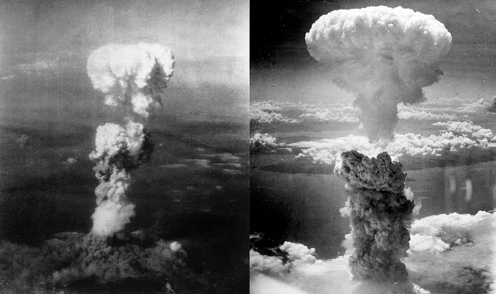 The dropping of the bombs over Hiroshima (left) and Nagasaki (right) resulted in towering mushroom clouds