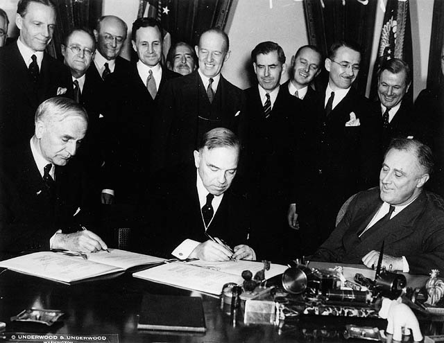 Leaders signing the United States-Canada Trade Agreement in 1935.