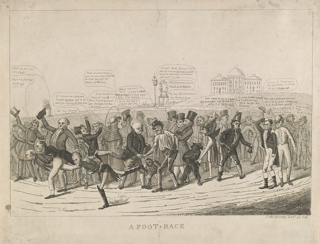 Cartoon depicting 1824 presidential candidates racing to win the election.