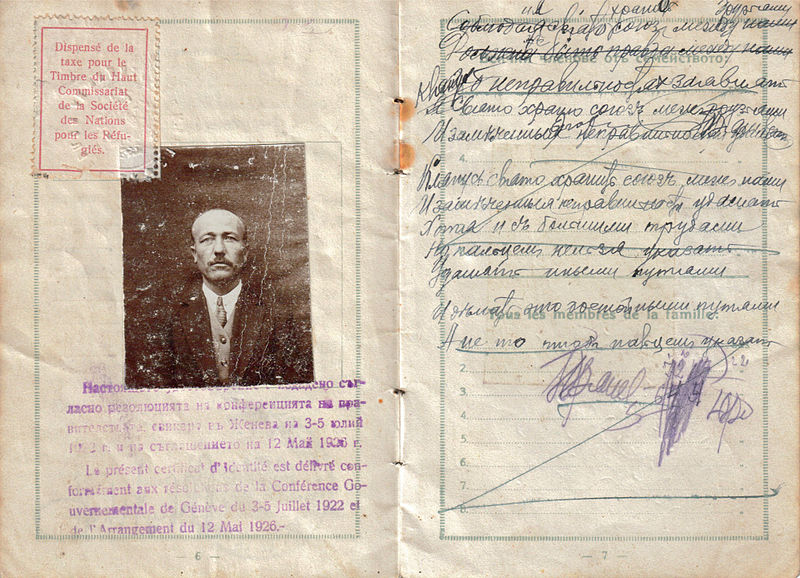 Identification papers issued to a refugee by the League of Nations and popularly known as a 'Nansen passport.'