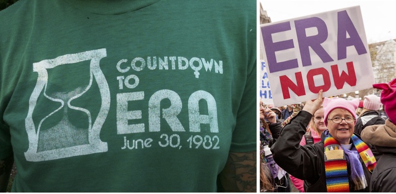 On the left, a t-shirt worn by a supporter of the Equal Rights Amendment in the 1980s. On the right, a protester in San Francisco during the Women’s March in 2017 calling for the immediate ratification of the ERA.