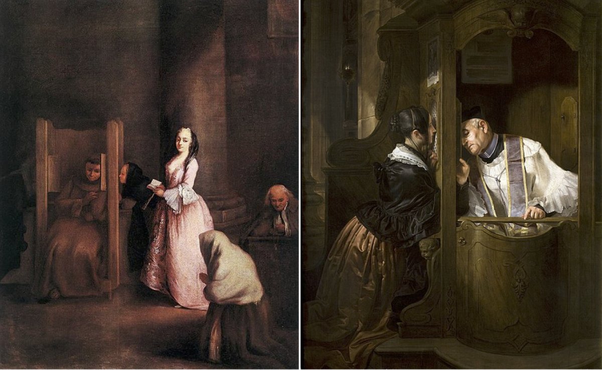 The Confession, a 1750 painting by Venetian painter Pietro Longhi (left). An 1838 painting by Giuseppe Molteni of a woman kneeling at a confessional (right)
