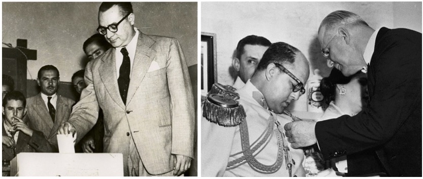On the left, President Rómulo Betancour voting in 1946. On the right, President Marcos Pérez Jiménez receiving a commendation from U.S. Ambassador Fletcher Warren in 1954.