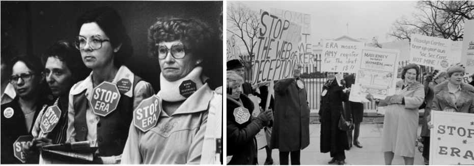 On the left, women opposed to the Equal Rights Amendment in Florida’s Senate chamber. On the right, anti-Equal Rights Amendment protesters.