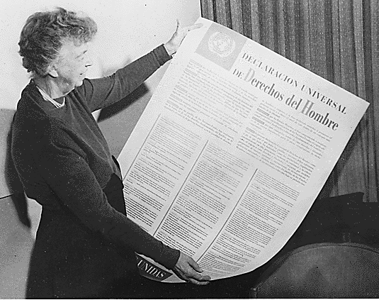 Former First Lady Eleanor Roosevelt holding the Universal Declaration of Human Rights.