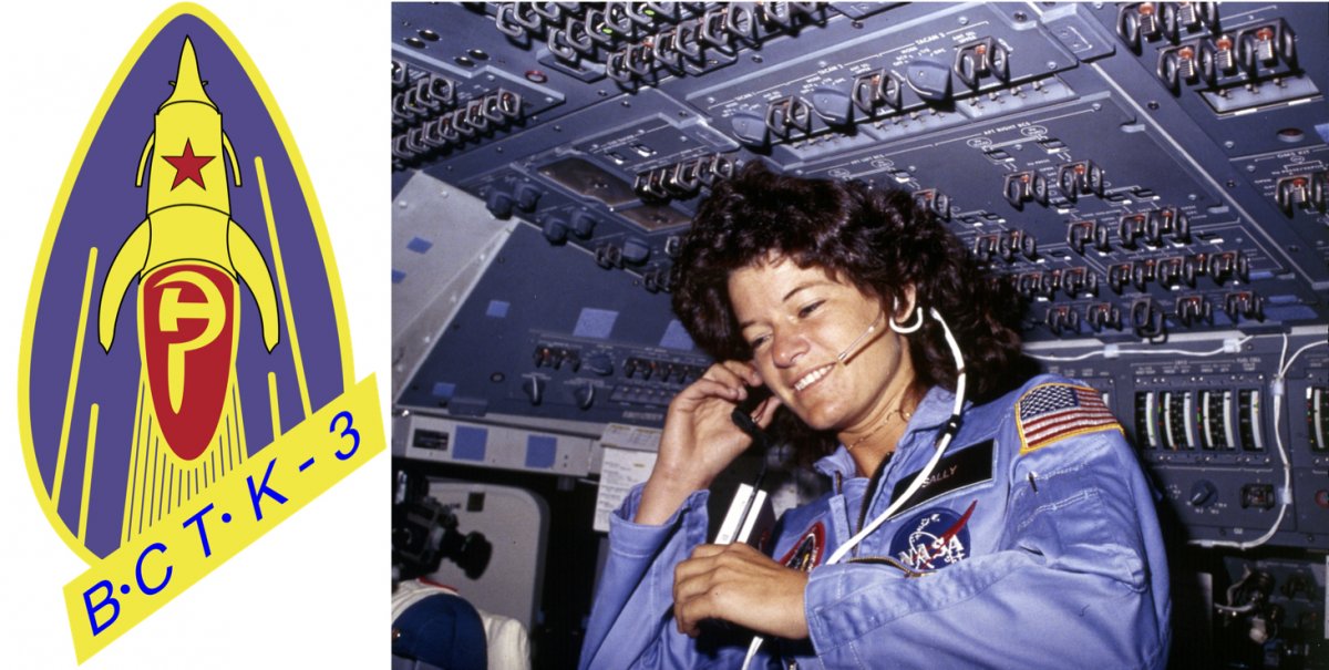 A mission patch for the Soviet Vostok 3 program in 1962 (left) and the first American female astronaut, Sally Ride (right).