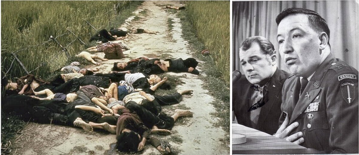 On the left, a photograph of the aftermath of the 1968 mass murder of unarmed South Vietnamese civilians. On the right, Captain Ernest Medina speaking with reporters after a Pentagon investigation in 1969.