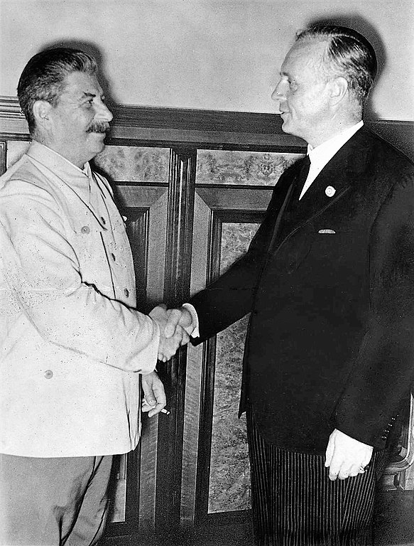 Nazi Germany’s Minister of Foreign Affairs Joachim von Ribbentrop with Soviet Premier Josef Stalin at the Kremlin in August 1939