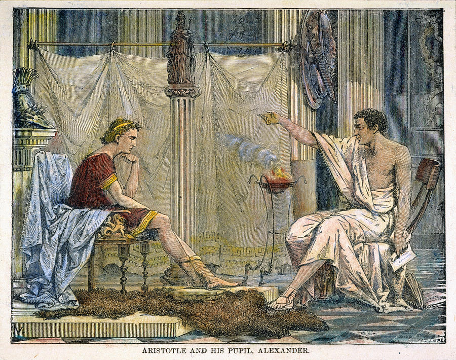 An 1866 French engraving of the philosopher Aristotle tutoring Alexander the Great.