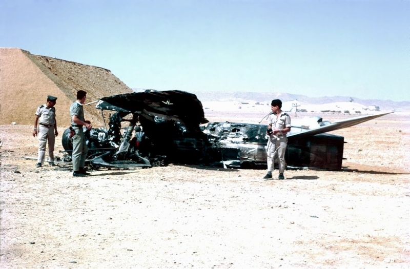 Israeli troops examine destroyed Egyptian aircraft, June 1967.
