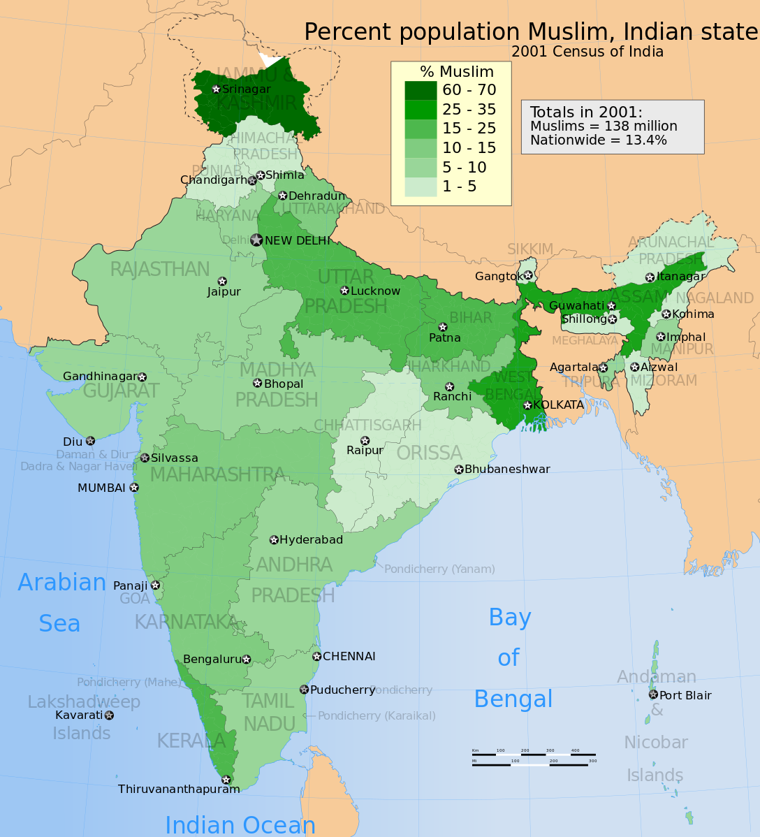 2001 census data on religion, illustrating the percentage of Muslims in India.