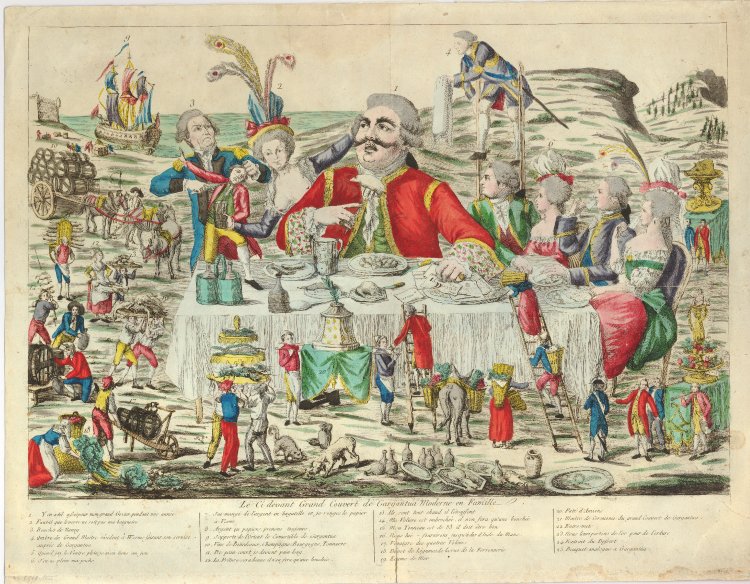 Louis XVI depicted seated at table with his family demolishing a huge feast brought to him by a crowd of Frenchmen, 1792