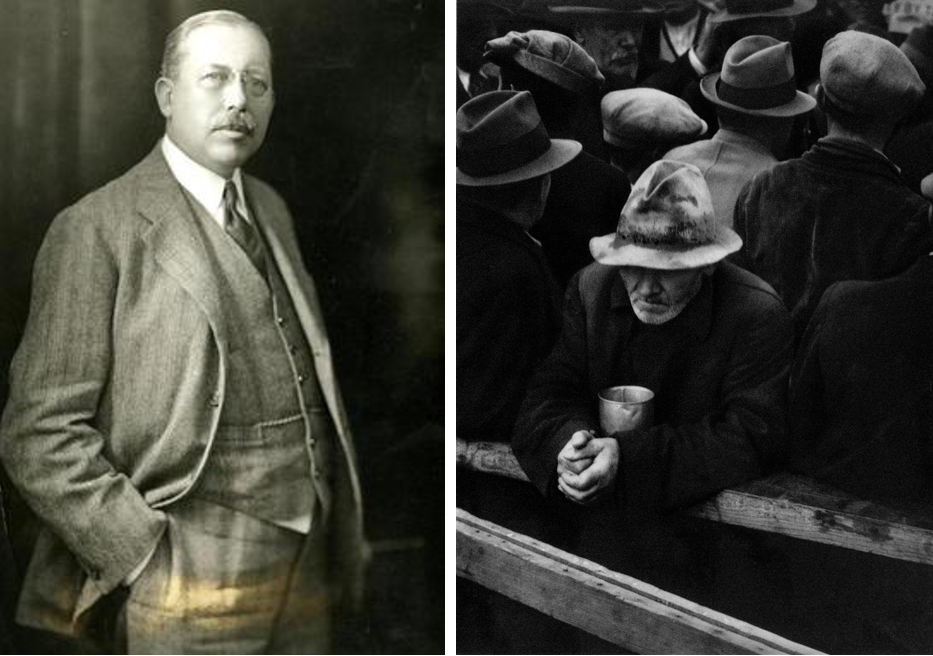 On the left, a photograph of historian James Truslow Adams who coined the term 'The American Dream.' On the right, Requiem for the American Dream: Unemployed men at the White Angel Breadline in San Francisco, California 1933